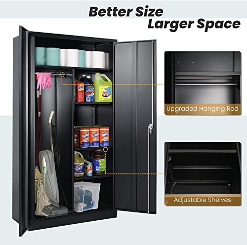 Atripark Metal Storage Cabinet With Locking Doors, 72" Tall Storage Wardrobe With Lock And Hanging Rod, Steel Storage Locker Closet With 4 Adjustable Shelves For Home Office, Garage, Black #TOP4