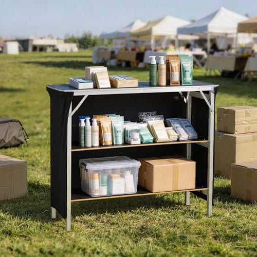 Image of VEVOR Folding Portable Bar Table, 43.3 x 15.2 x 34.8 in, with Carry Bag, 2 Storage Shelves, and Detachable Skirt, Quick and Easy Setup, Foldable Mobile Bartending Station for Events, Party, Tradeshow
