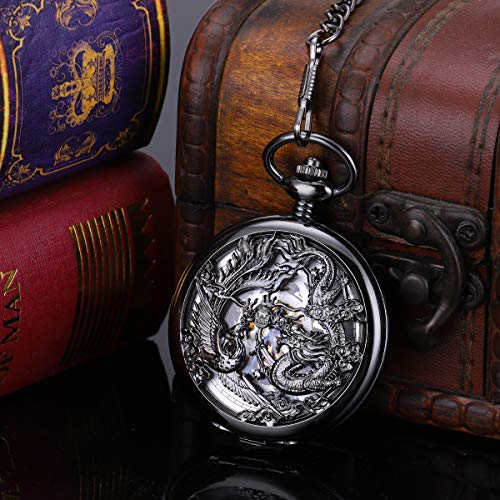 Image of ManChDa Antique Mechanical Pocket Watches for Men Lucky Dragon Phoenix Pocket Watch with Chain Skeleton Dial Roman Numerals Gifts for Fathers Day