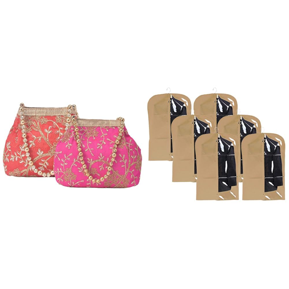 Pack of 2 Potli Bags for Ladies & Girls | Women Shagun Pouches for Festive Seasons | + Half Transparent 6 Pieces Non Woven Men's Coat Blazer Cover (Brown) - CTKTC30921-image-13