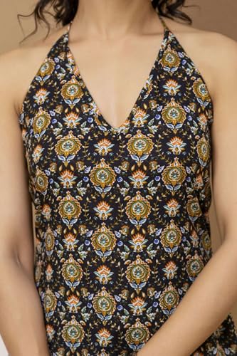 Image of Women's Printed Halter Neck Kurti Top | Sleeveless V-Neck Short Tunic with Back Tie-Up | Casual Ethnic & Summer Wear