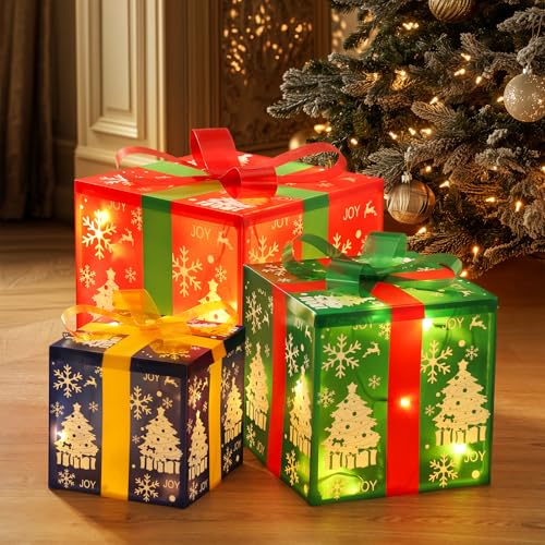 Joyoldelf Set of 3 Light Up Present Boxes, 60 LEDs Christmas Decorations Parcels Lights, Xmas Tree Decorations, Boxes