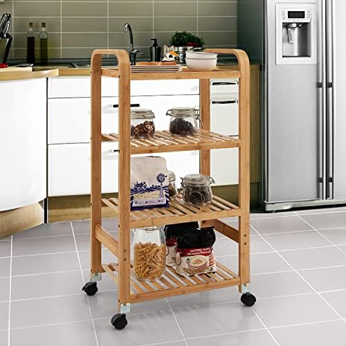 Woodluv Bamboo Kitchen Storage Trolley Cart with Drawer & Wire Storage