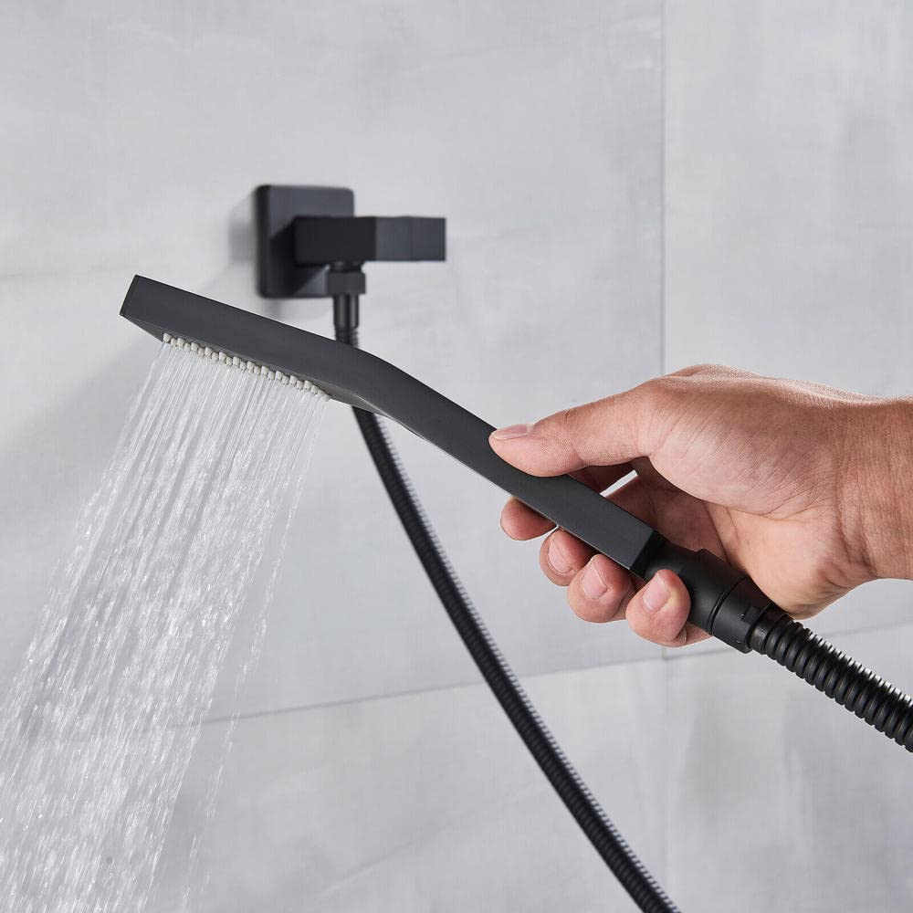 Huin Juego de ducha de lluvia juego de grifo mezclador negro de 12 pulgadas llenador y válvula de bañera