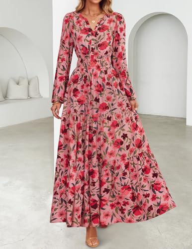 ZESICA Women's 2025 Fall Long Sleeve Maxi Dress Floral Print V Neck Empire Waist A Line Tiered Flowy Boho Party Dresses Vintage Pink Medium