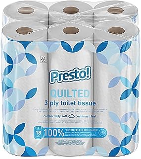 Amazon Brand - Presto! 3-Ply Quilted Toilet Tissues, 18 Rolls (18 x 200 sheets)
