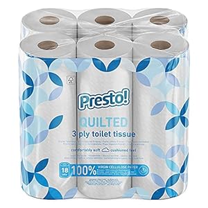 Amazon Brand – Presto! Toilet Roll, 3-ply Quilted, Velvety Soft, Unscented, 18 Rolls (1 Pack of 18), 200 Sheets per Roll, 3600 Count, FSC Certified