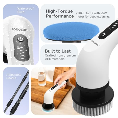 Image of Roboson Electric Spin Scrubber,Cordless Cleaning Brush with 9 Brush Heads,425 RPM,90 Mins Runtime,IPX6 Waterproof,Adjustable Length,3 Speeds,Ideal for Bathroom,Kitchen,Glass,Utensil & Car
