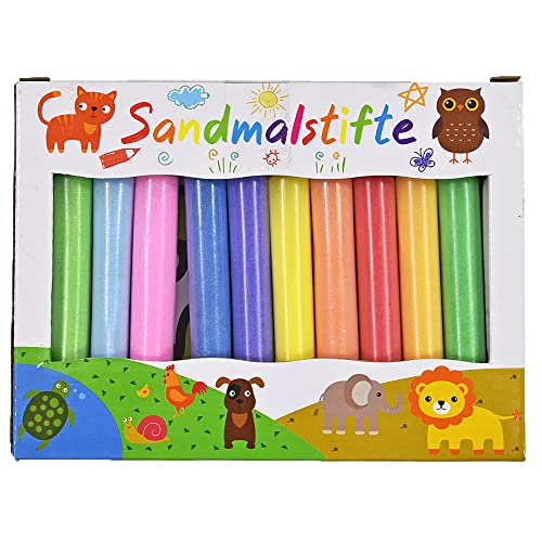 Kögler 80516 - Juego de crayones de arena con 10 colores de crayones y 12 tarjetas con motivos de 15 x 10 cm, para el diseño creativo con arena de colores