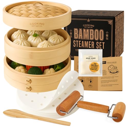 Comparison: Best Gifts For People Who Love To Cook 5 Cooking Gift Set Co. Bamboo Steamer Basket Soup Dumpling Kit - 2 Tier 8-Inch Dumpling Steamer for Cooking with Agar Agar, Roller, Spoon, Liners, Recipes & Step-by-Step Video (6-Piece Set)