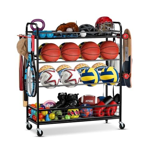 Garage Sports Equipment Organizer – Rolling Ball Storage Bin with Wheels, Garage Sports Gear Rack Outdoor Basketball Racks for Balls with Baseball Bat Holder and Hooks, Toy Organizer