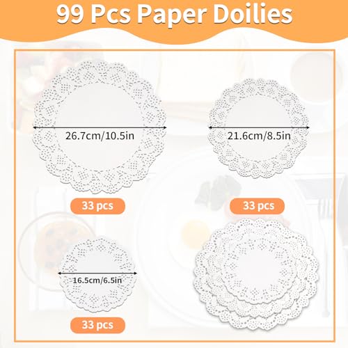 Svalor Paper Doilies Assorted Sizes, 6.5inch 8.5inch and 10.5 inch Doilies for Food, 99 Pieces Disposable Lace Paper Doilies for Tables, Round Paper Placemats Bulk for Cakes Desserts Crafts(White) - Thumbnail 2