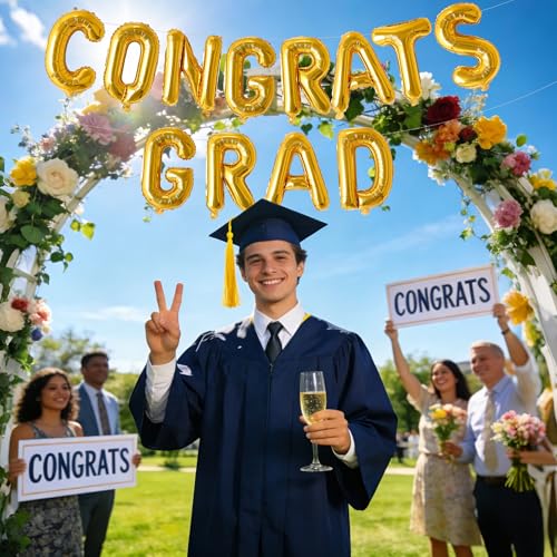 Image of Congrats Grad Balloon Banner, Congratulations Balloons for Graduation Party Decorations 2026, Gold