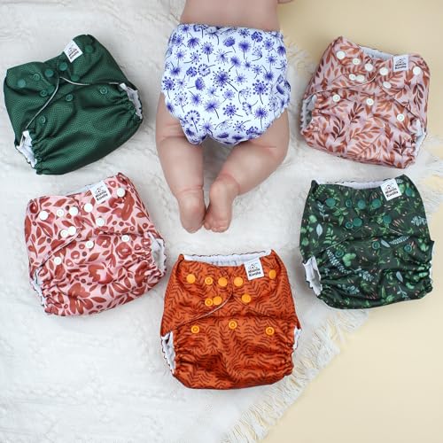 Image of Mama Koala 3.0 Pocket Cloth Diapers for Babies with AWJ Lining, 6 Pack with 6 4-Layer Natural Cloth Diaper Inserts - Reusable and Washable Pocket Diapers(Neutral Leave)