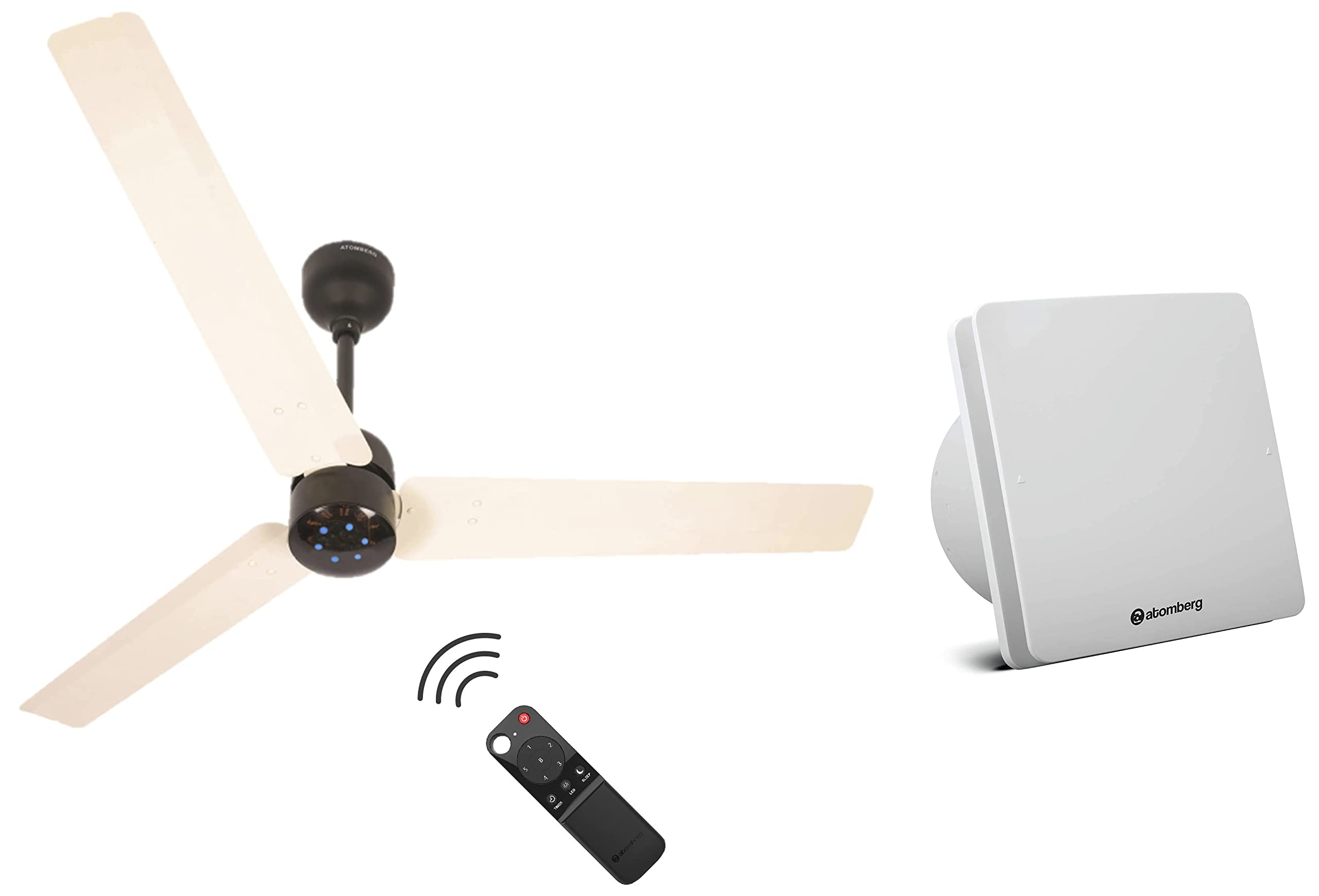 atomberg Renesa 1200 mm BLDC Motor with Remote 3 Blade Ceiling Fan (Ivory Black, Pack of 1) & Studio 150mm BLDC Motor Energy Saving Exhaust Fan |White Formerly Gorilla