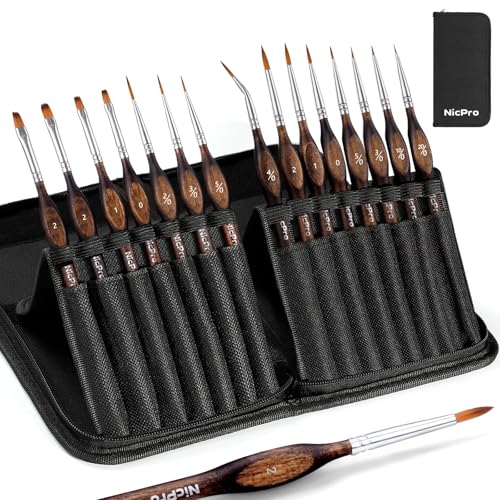 Image of Nicpro Miniature Paint Brushes - 15PCS Model Paint Brush Set with Nylon Case for Acrylic Oil Watercolor, Micro Detail Paint Brushes for Model, Miniature Painting, Fine Detailing, Paint by Numbers