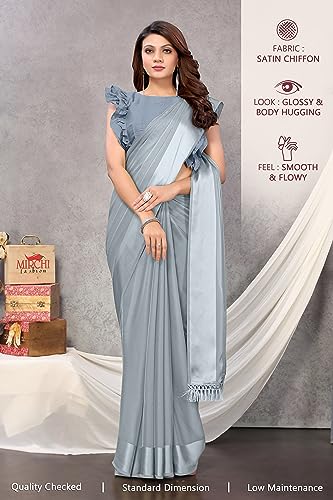 Image of MIRCHI FASHION Women's Stylish Satin Chiffon Solid Saree with Blouse Piece
