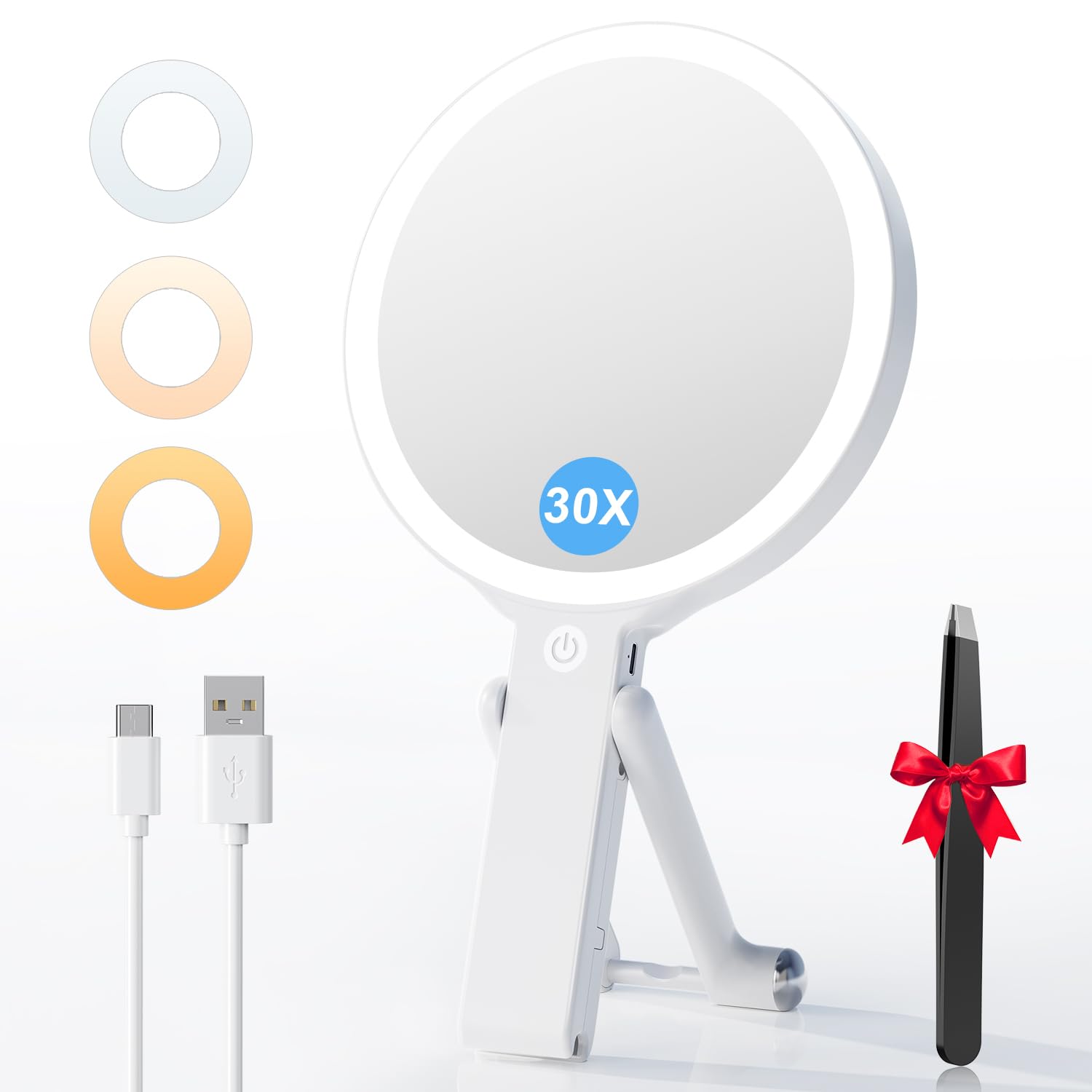 Auxmir Travel Makeup Mirror with Lights, Double Sided 30X/1X Magnifying Mirror, 2000mAh Rechargeable 3 Color Lighting, Dimmable Portable Beauty for Travel, Offices, Bedroom, Handheld Tabletop Hanging