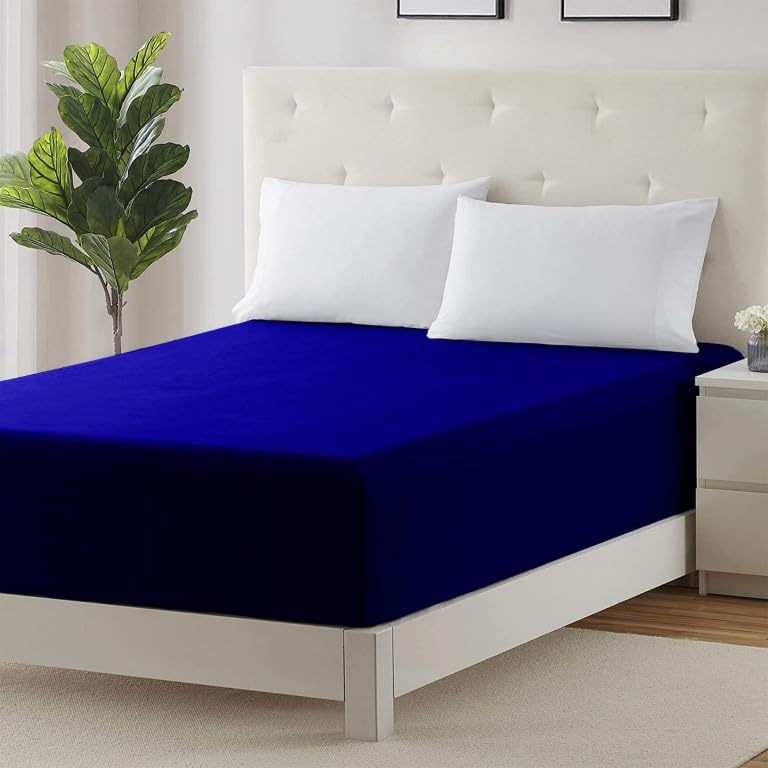 PRIME LINENSExtra Deep 30Cm Plain Fitted Sheet, Elastic Pocket Breathable Soft Polyester Cotton Bed sheet Machine Washable Fade Resistant (Royal Blue, Double)OEKO-TEX STANDARD 100