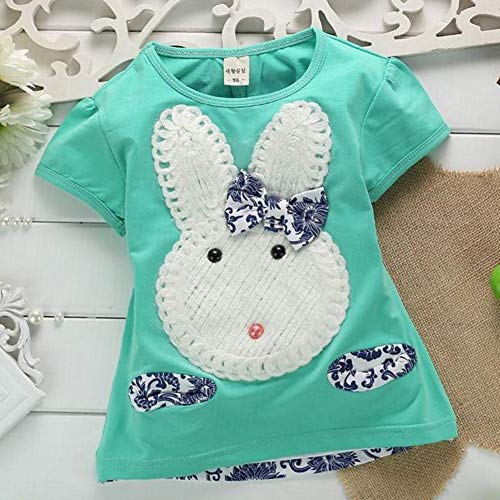 Rabbit Outfits Toddler Kids Little Girls Cute Cartoon Bunny Bow Applique T-Shirt Tops+Floral Pants Navy (Green, 18 Months)