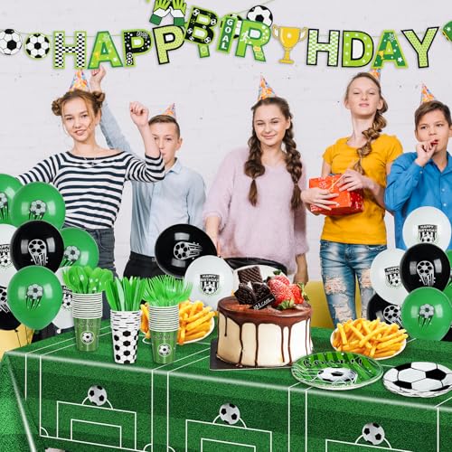 185 Pcs Soccer Party Decorations Soccer Birthday Party Decorations Serves 24, with Plates Napkins Cups Fork Knives Spoon Tablecloth Banner Balloons Sports Soccer Decorations for Party - image 7