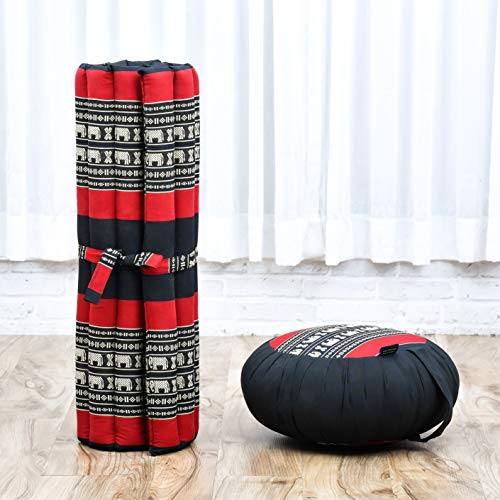 Image of Leewadee Meditation Cushion Set - 1 Round Zafu Meditation Pillow and 1 Square Roll-Up Zabuton Meditation Mat, Pillows Bundle Filled with Kapok