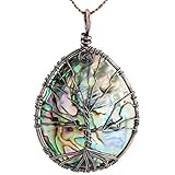 TUMBEELLUWA Tree of Life Pendant Abalone Shell Handmade Copper Wire Wrapped Necklace Assorted Shapes Women Jewelry,Teardrop Shape Style 3
