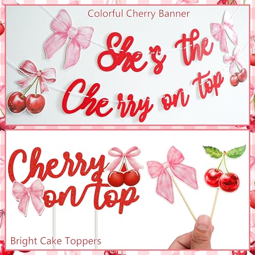 Image of Cherry Baby Shower Party Decorations Kit - Includes She's The Cherry On Top Banner, Balloon Arch, Backdrop, Tablecloth & Cake Toppers for Women Girls Cherries Themed Party Supplies