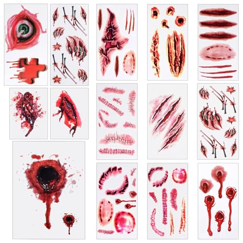 14 Blatt Halloween Tattoo Stickers,Halloween Narbe Temporäre Blutige Wunde Tattoo Aufkleber,Wasserdicht Halloween Zombie Makeovers für Vampir Zombie Cosplay Masquerade Prank Makeup Dekorationen