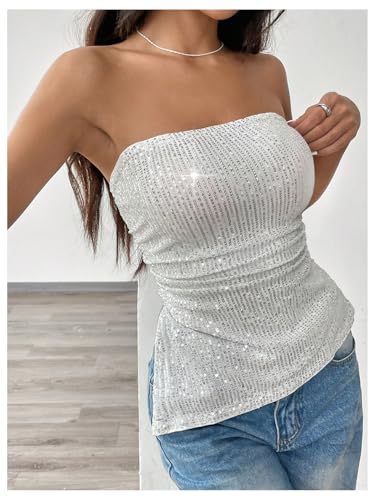 SweatyRocks Women's Glitter Sequin Strapless Tube Top Ruched Sleeveless Asymmetrical Bandeau Tops4