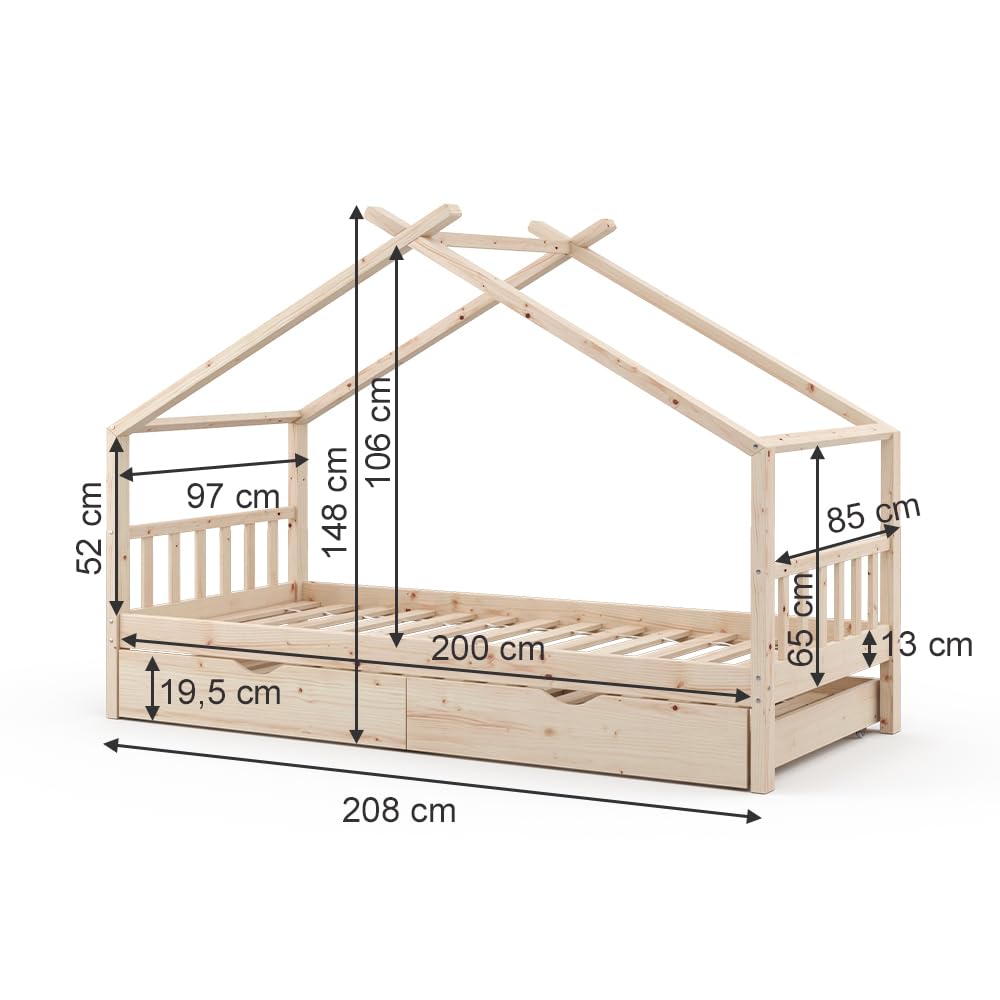 VitaliSpa Cama en Forma de casa Design, Madera Natural, 90x200 cm | con cama de invitados, con barrera de protección anticaídas y somier para un descanso seguro