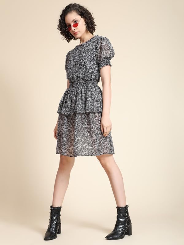 Image of Cicica Women's Black Georgette Textured Print Layered Western Dress | Dress for Women | A line Dress | Winter Dress | Western Dress | Women Dress | Trendy Dress | Midi Dress