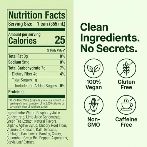 Image of Be Amazing Greens Drink, Raspberry Lime, Vitamin Drinks With 10 Organic Fruits and Vegetables, Coconut Water, Vitamin C, and Prebiotic Fiber, 25 Calories, Low Sugar, Vegan and Gluten Free, 8 Pack