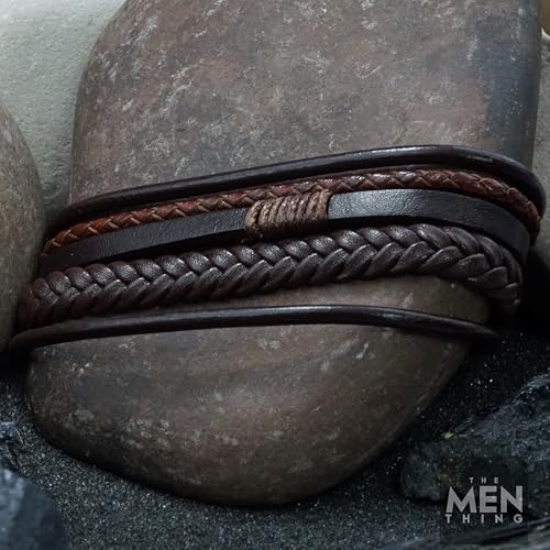 Image of THE MEN THING Leather Bracelet for Men - American Style Brown Genuine Leather Multi-Layer Braided Bracelet with 100% Stainless Steel Magnetic Buckle for Men & Boys