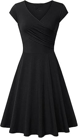 Womens 1950s Cap Sleeve Solid Color Dress Wrap V Neck Cocktail Dress A Line Swing Midi Dresses