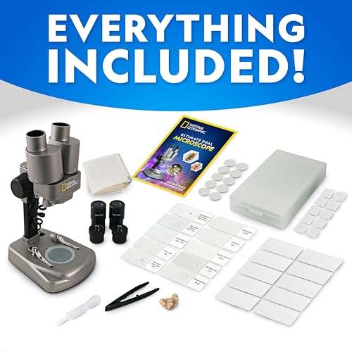 Image of National Geographic Dual LED Student Microscope - 50+ pc Science Kit Includes Set of 10 Prepared Biological & 10 Blank Slides, Lab Shrimp Experiment, 10x-25x Optical Glass Lenses and More! (Silver)
