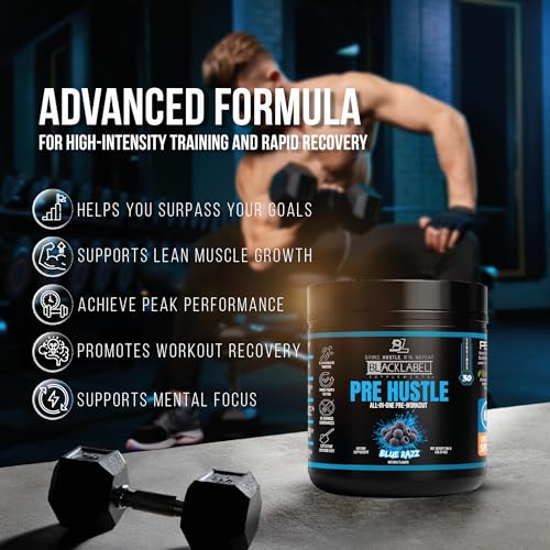Image of BLACKLABEL Supplements PRE Hustle V3 Pre-Workout Powder - NSF Certified for Sport - Energy, Strength & Endurance Support - Blue Razz - with Creatine & Caffeine - 30 Servings