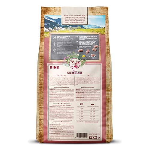WILDES LAND – Rind | Trockenfutter mit extra hohem Fleischanteil und natürlichen Zutaten für ausgewachsene Hunde. Alleinfutter ohne Zusatzstoffe im Beutel | 24kg Rind