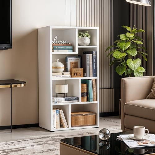 Image of ABOUT SPACE Book Shelf for Home Library - Book Rack with 7 Different Sized Shelves for Living Room, Bedroom, Home Office Book Stand for Kids, Adults Wooden Book Shelf (White - L 50 x B 26 x H 107 cm)