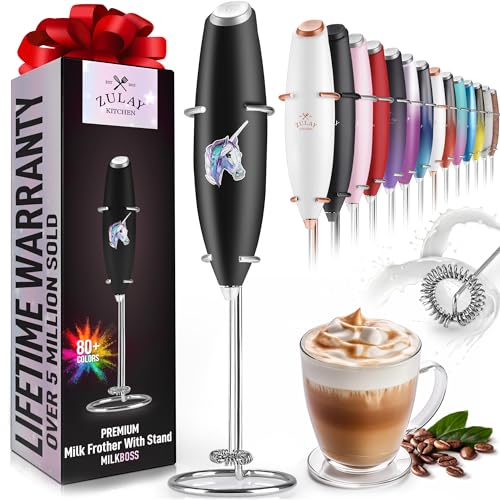 Zulay Powerful Milk Frother Handheld Foam Maker for Lattes - Whisk Drink Mixer for Coffee, Mini Foamer for Cappuccino, Frappe, Matcha, Hot Chocolate by Milk Boss (Unicorn Black)