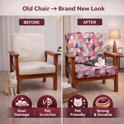Image of STITCHNEST 'Contour Fit Series' Stretchable Printed Wooden Sofa Cover (Pack of 6) - Elastic Wooden Chair Cover | Wooden Sofa Seat Cover | Size - 20-21 x 20-21 x 3-5 in