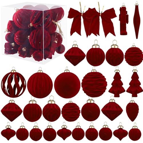 Velvet Christmas Ornaments Set 42pcs Vintage Burgundy Shatterproof PVC...