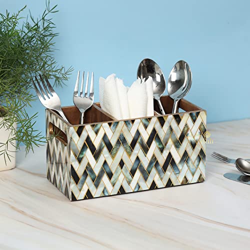 Image of DULI Multipurpose Stand, Cutlery Holder, Spoon Stand, Table Organizer with 2 Sections, Chammach Stand (10cm x 15cm) (3 Section: MOP Zigzag)