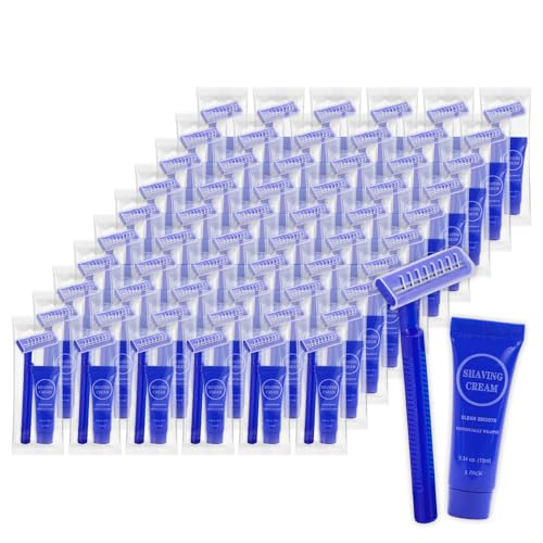 Disposable Razor with 0.34oz Shaving Cream, Individually Wrapped Manual Twin Blade Razors in Bulk, Smooth Shaving Razors Toiletries for Hotel Charity Camping Travel Homeless (60)