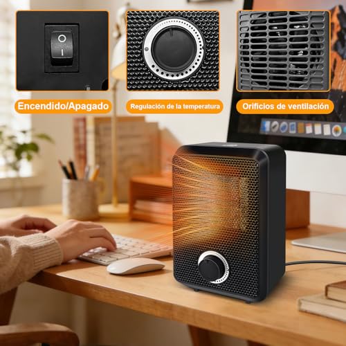Calefactor Bajo Consumo 500 W, Ajuste en varias etapas – protección antivuelco y contra sobrecalentamiento, Para Casa, Habitaciones y Oficinas - para habitaciones de hasta 10 m²，Negro - imagen 5