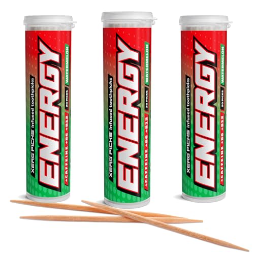 Image of Xero Picks Energy Caffeine Flavored Toothpicks B12 for Focus & B6, 60 Picks (Pack of 3) (Watermelon) Sugar-Free Alternative to Energy Mints & Gum - Kosher