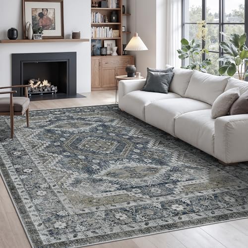 Rugland 4x6 Rug - Stain Resistant Washable Rug, Anti Slip Backing Rugs for Living Room, Vintage Tribal Area Rugs (TPR07-Navy, 4'x6')