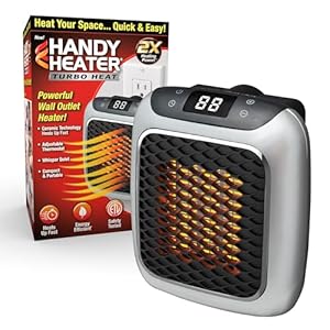 Ontel Handy Heater Turbo Wall Outlet Small Space Heater with Adjustable Thermostat, Programmable 12-Hour Timer, Auto Shut Off – Quiet, Space-Saving, Ceramic (Packaging May Vary) (Turbo Heat)