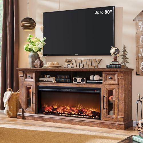 OKD Farmhouse Fireplace TV Stand for 80 Inch TV, Entertainment