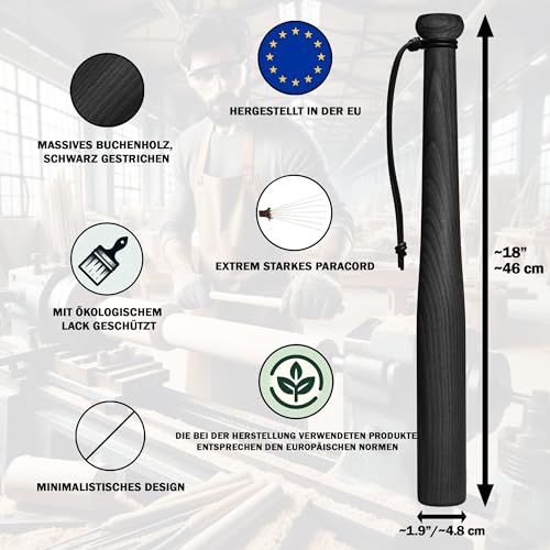 Victorer Baseballschläger aus Holz mit Paracord-Handschlaufe – hergestellt in der EU (46 cm Schwarz)